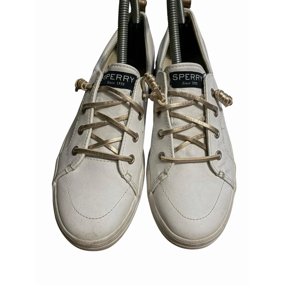 Sperry Top Sider Shoes 4 M White‎ Sneaker Gold Leather String Slip On Crest Vibe